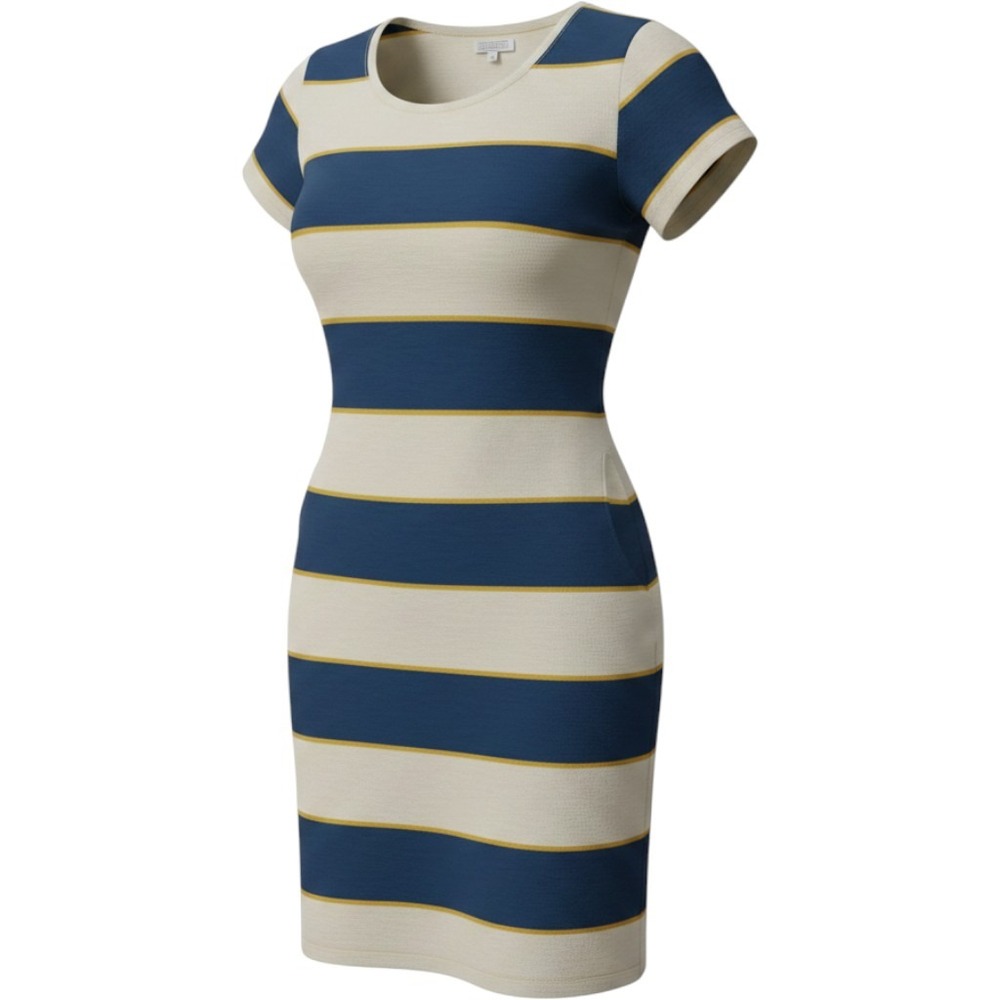 SweetSalt Womens Striped Short Sleeve Knit Sheath Dress Navy Cream Yellow Large